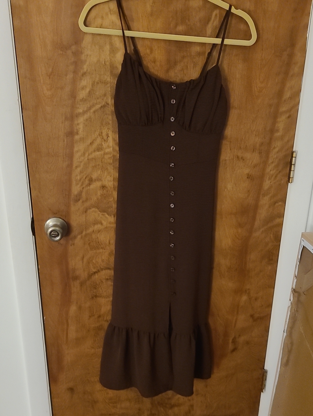 No Boundaries Brown Spaghetti-Strap Button-Front Midi Dress